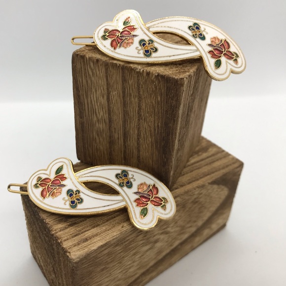Vintage Accessories - Vintage Enamel Floral 1980s Hair Barrette Set
